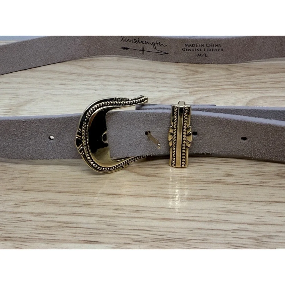 LoveStrength Genuine Leather Western Boho‎ Belt Taupe Gold Tone M/L  #23